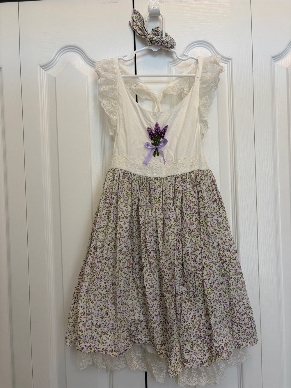 Be Girl White & Lavendar Floral Lace-Trim Open Back Dress 8T Wedding Cottage
